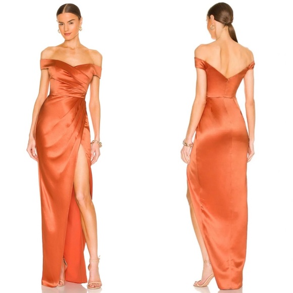 Sau Lee Dresses & Skirts - Sau Lee Gwyneth Off the Shoulder Gown Satin Maxi Dress Copper size 2 NEW w/ tags